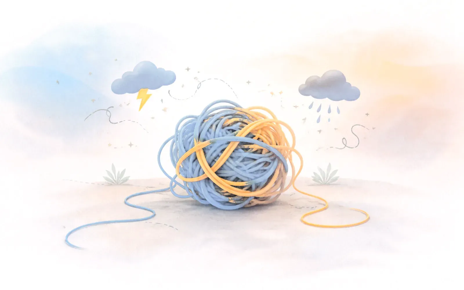 Ilustración suave sobre ansiedad y estrés: un ovillo que se va ordenando